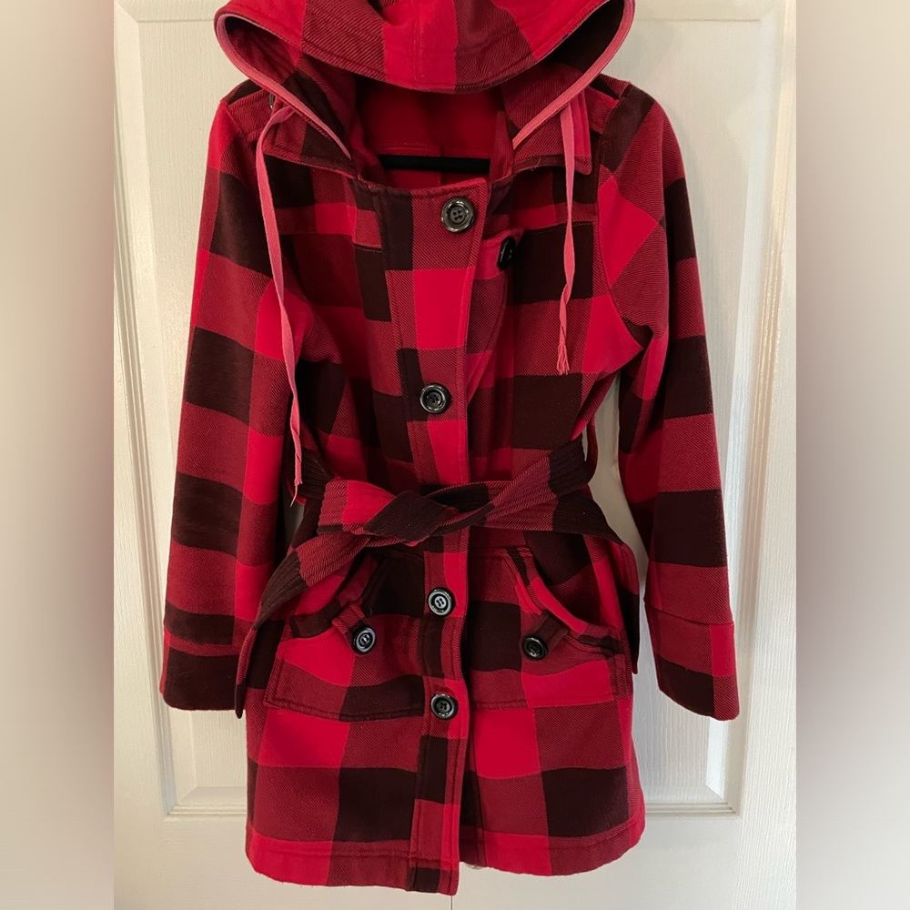XL Vintage red plaid fleece coat with hood and belt